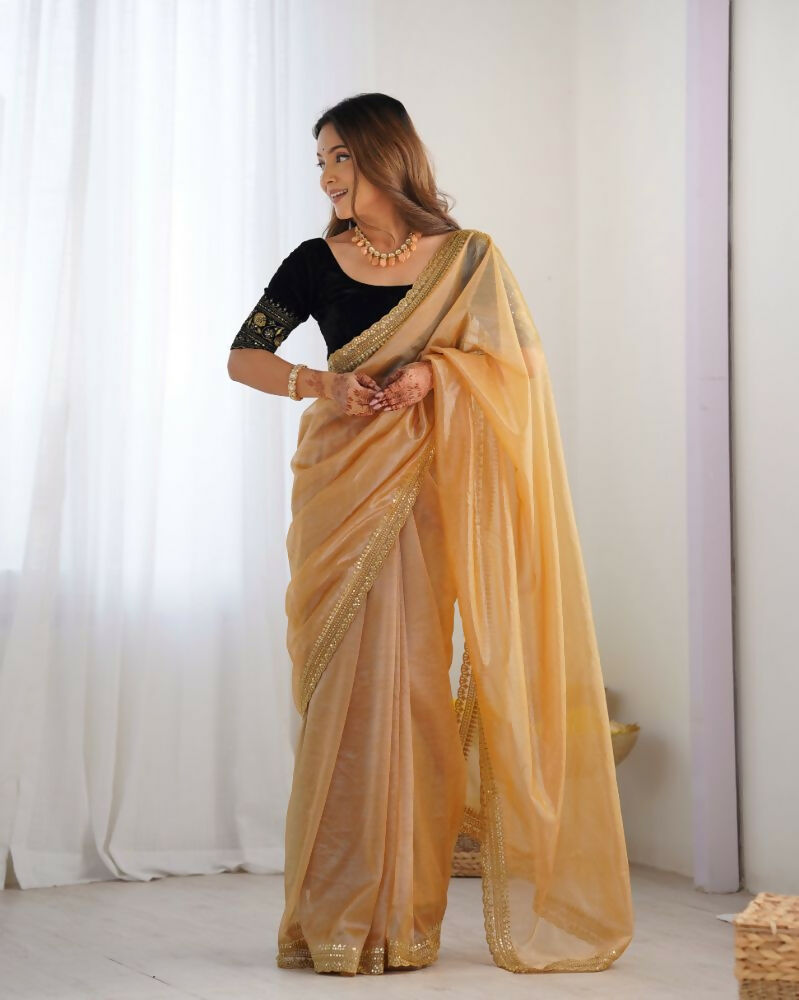Attrctive Looking Gold Jari, Sequance Embroidery Work Twill Net Party Wear Saree - Gold