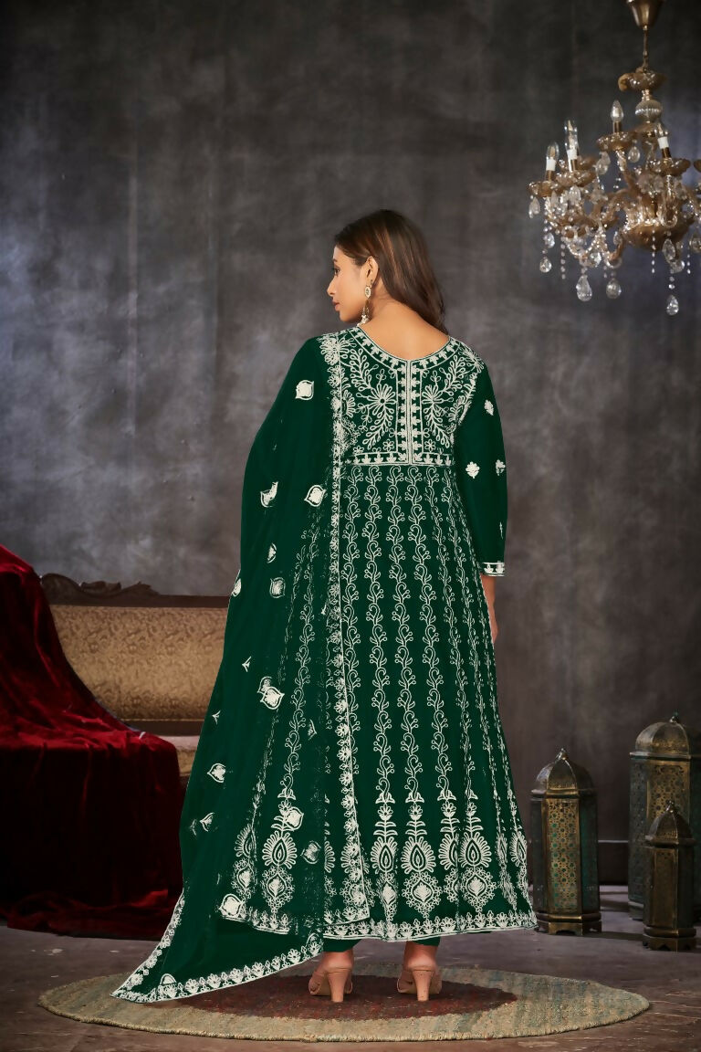 Jyoti Fashion Women's Green Net Embroidered Anarkali Kurta Pant Set With Dupatta