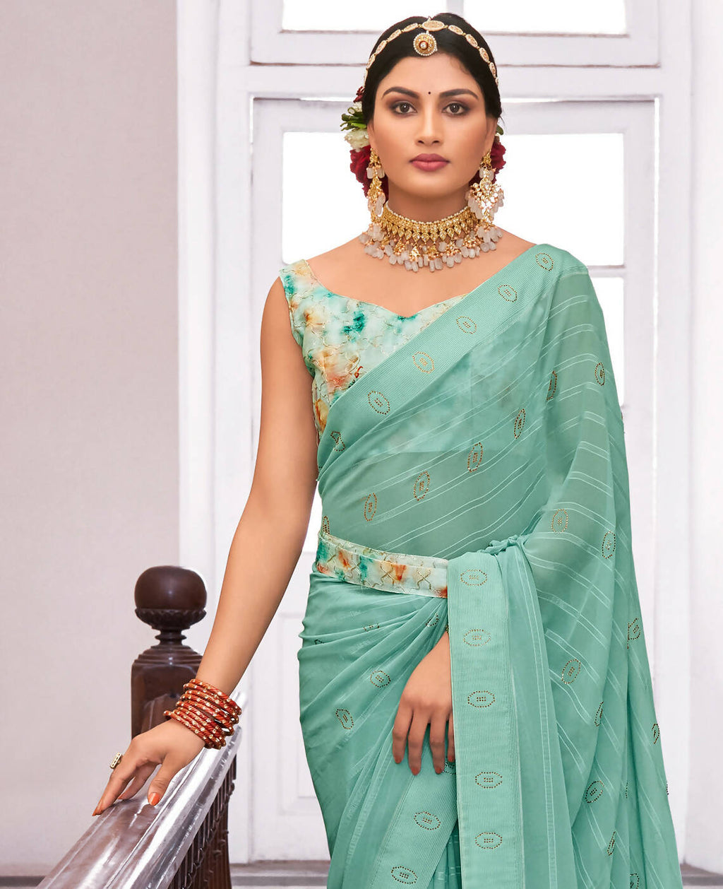 Sea Green Georgette Swaroski Work Saree With Unstitched Blouse Piece - Juhi