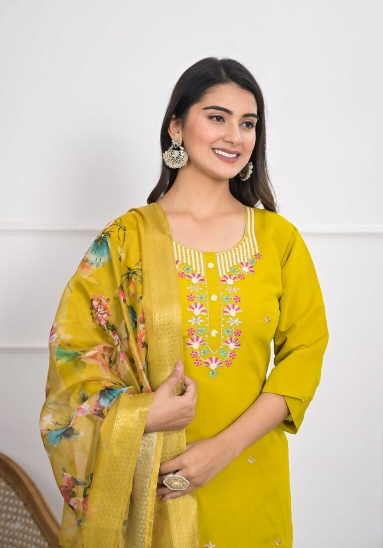 Yellow Viscose Silk Embroidery with Thread and sequence Stitched Suit With Dupatta - Tanisha