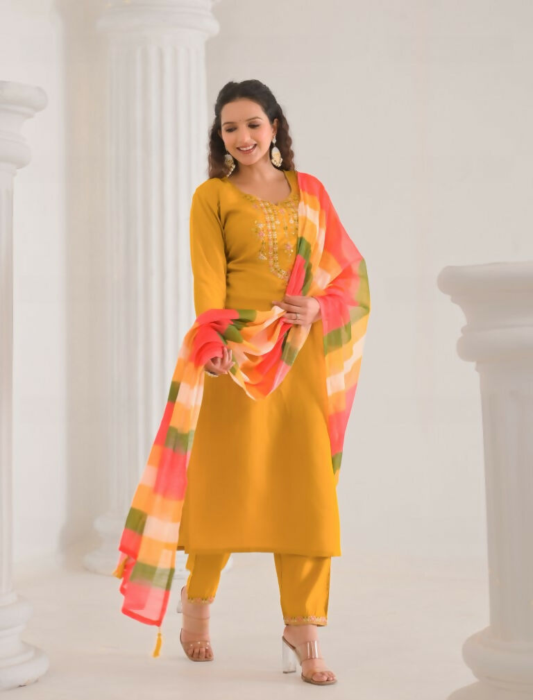 Ethnic Festive Wear Viscose Chanderi Yellow Stitched Suit With Dupatta - Tanisha