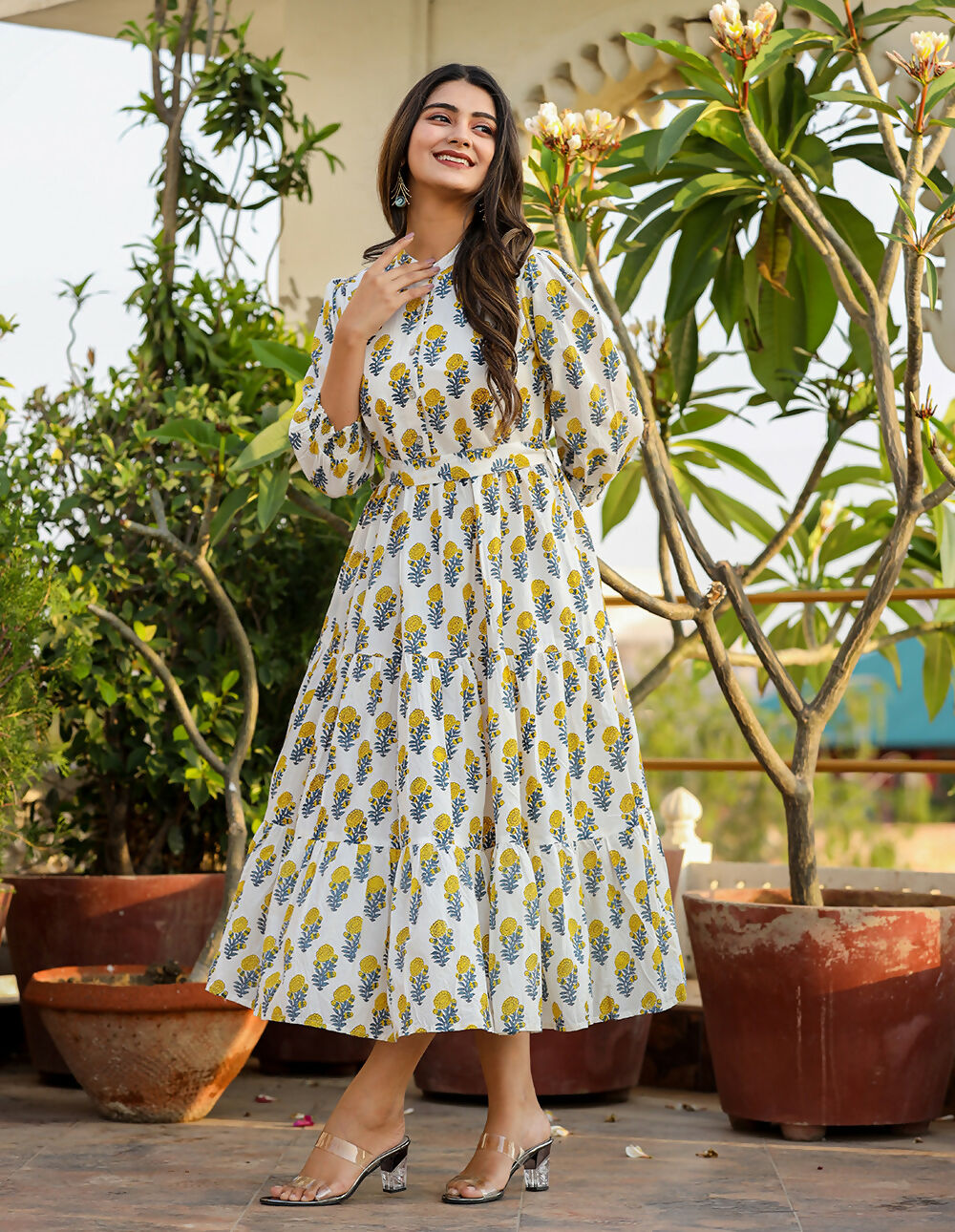 Kaajh Women's White-Yellow Ethnic Floral Hand Block Print Cotton Dress