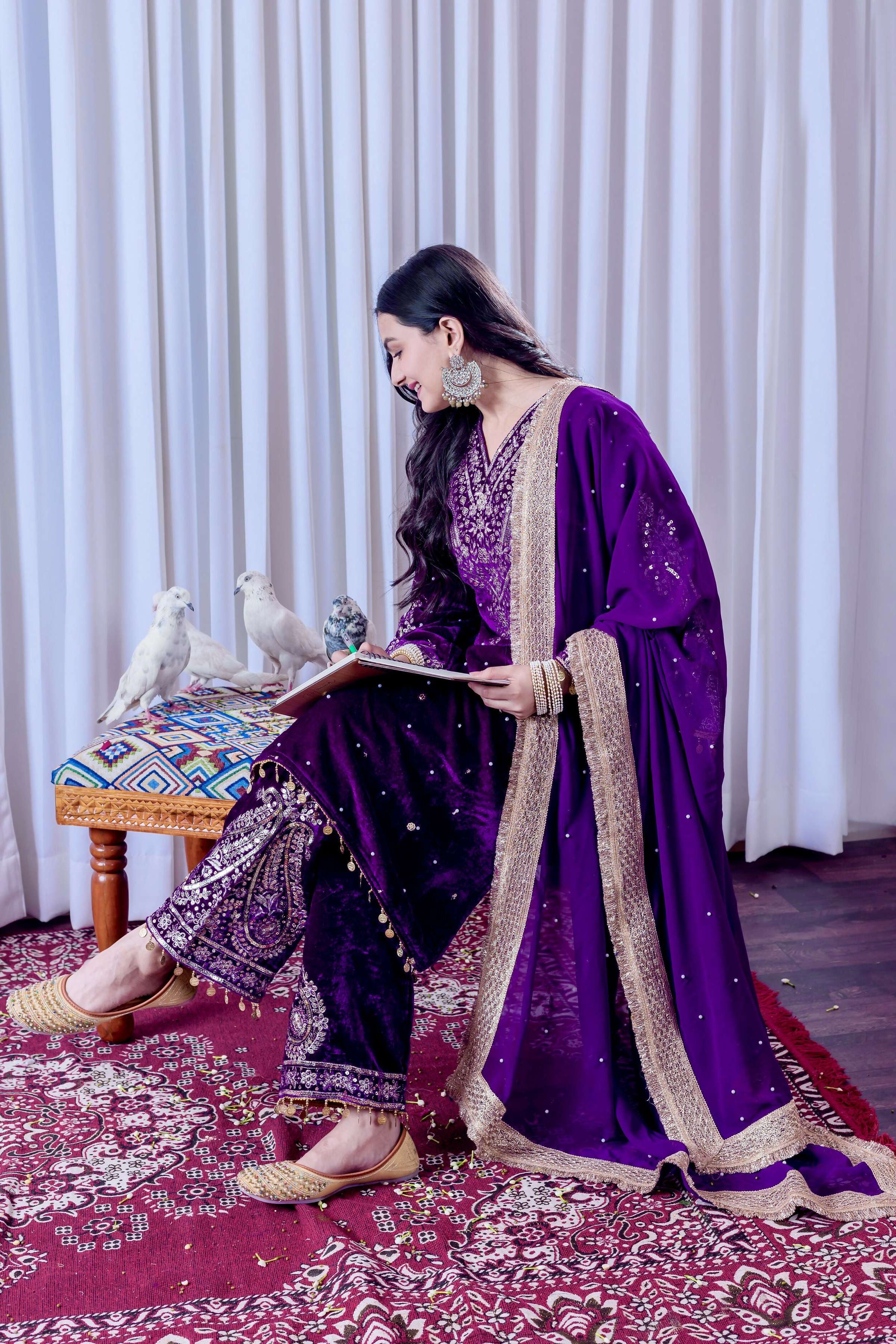 Teeya Creation Purple Color Velvet Silk Embroidery Work Party Wear Suit