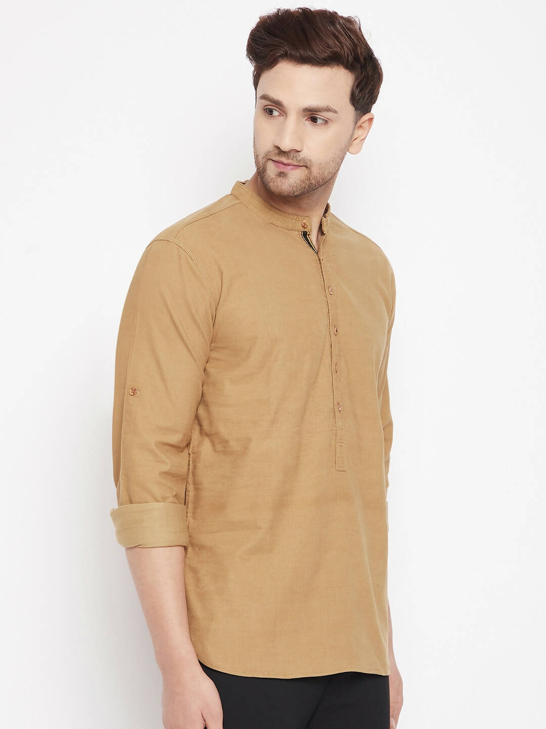 Even Apparels Beige Pure Cotton Short Men's Kurta With Band Collar