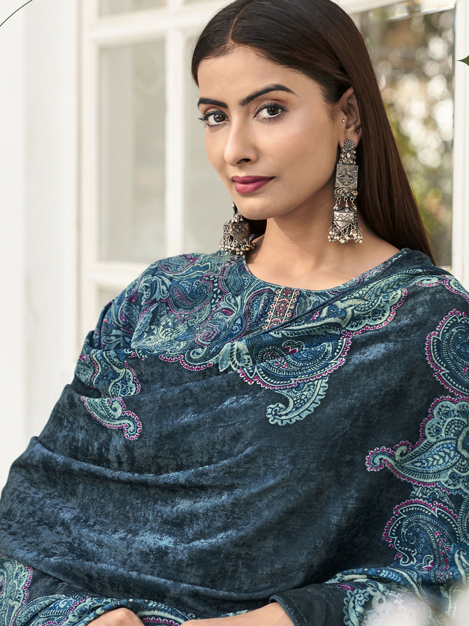 Jyoti Fashion Women's Navy Blue Velvet Digital Print with Resham Thread work Kurta with Trouser & Dupatta