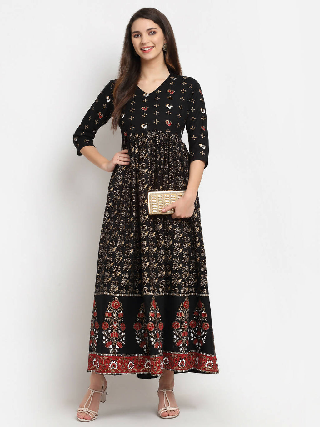 Rudra Bazaar Floral Printed A-Line Flared Black Kurti