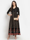 Rudra Bazaar Floral Printed A-Line Flared Black Kurti