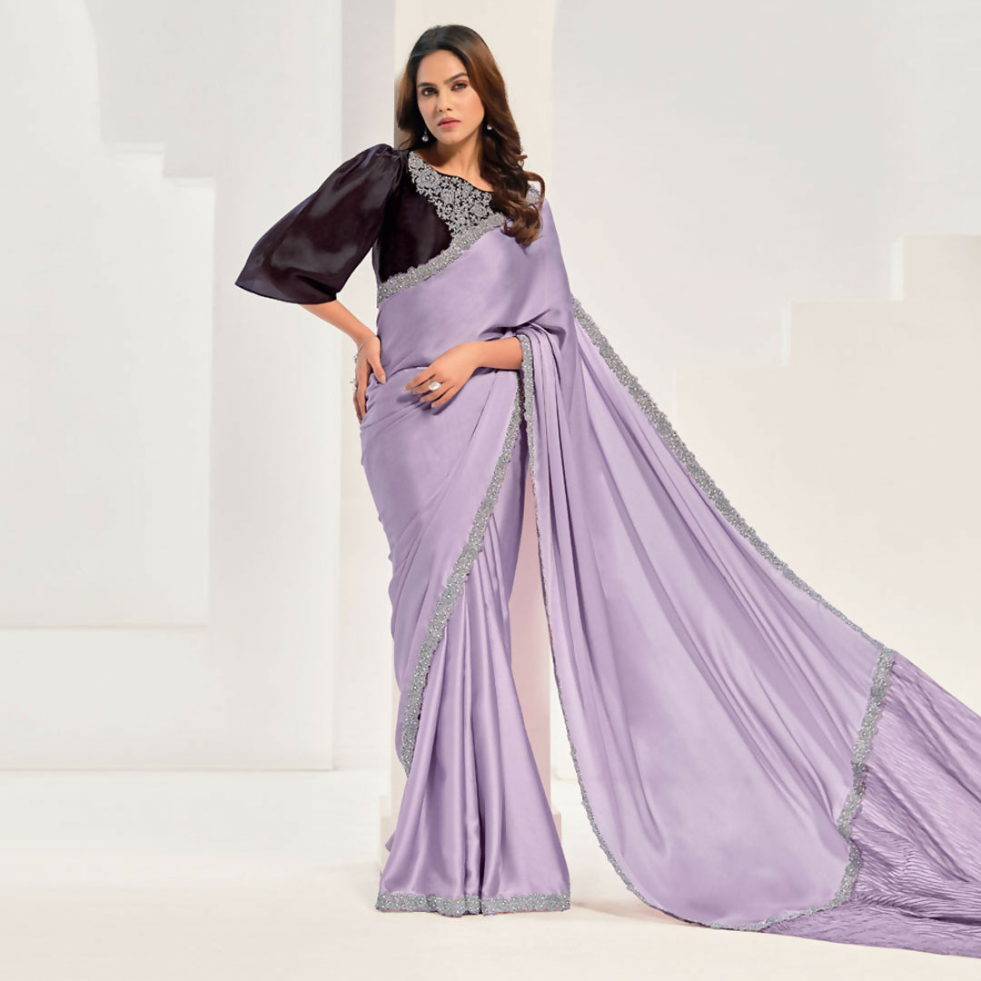 Lavendar Crepe Satin Silk Jardosi Saree With Unstitched Blouse Piece - Norita Saanjh