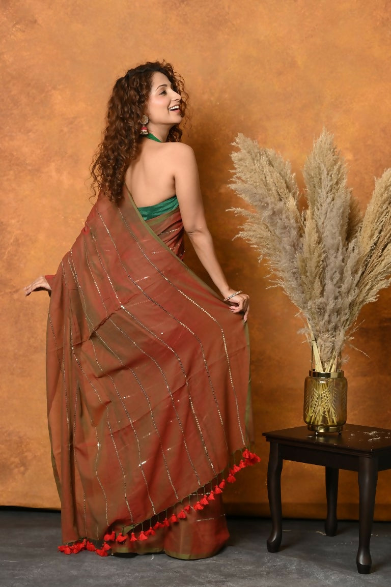 Very Much Indian Designer Mul Cotton Handloom Saree with Sequins - Red