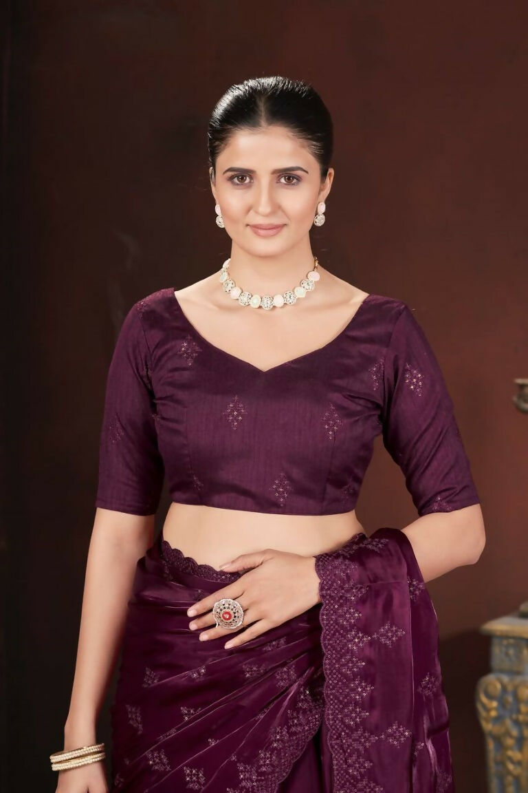 Vastranavya Wine Jimmy Choo Silk 3mm Sequence work with Cross Stitch Embroidery work & Cutwork Border Saree
