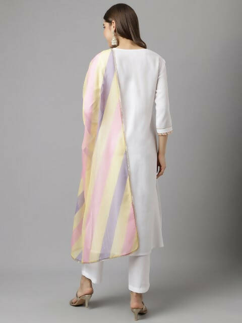FIORRA Women's White Cotton A-Line Kurta Pant With Dupatta
