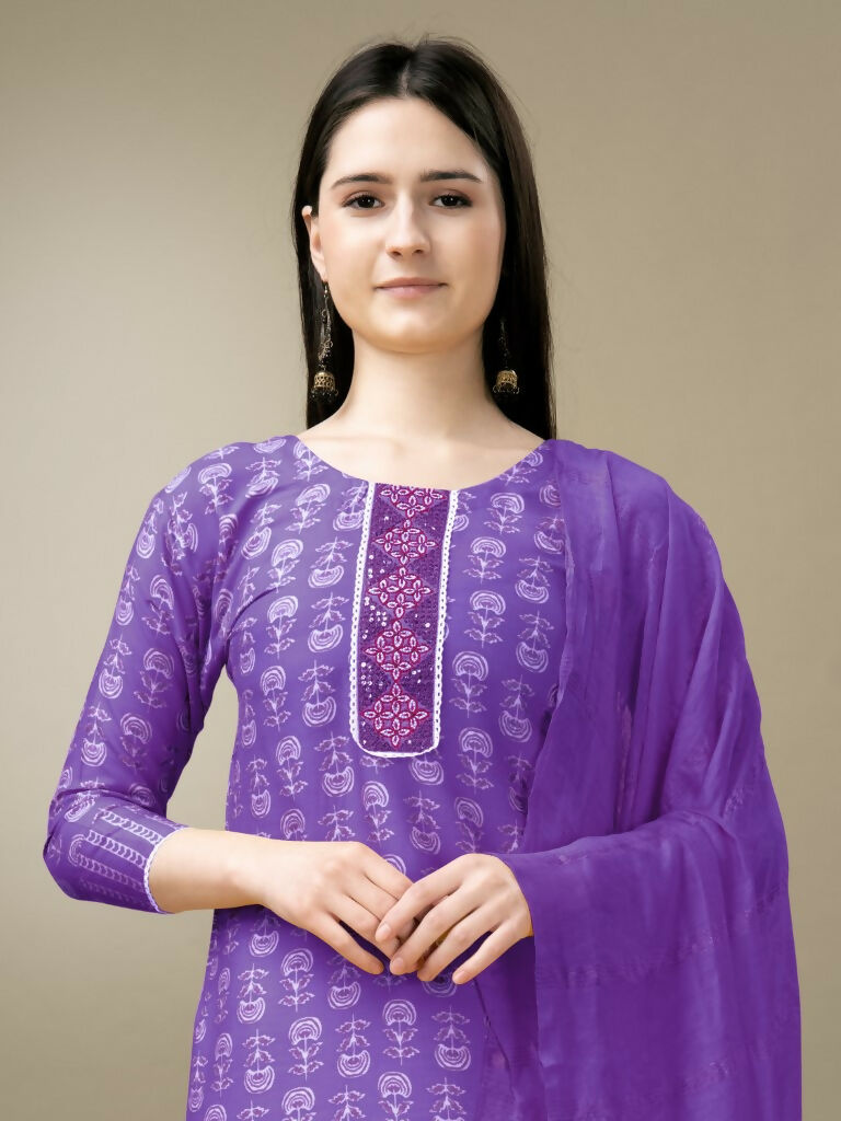 Jyoti Fashion Women's Purple Rayon Embroidery & Sequence work Kurta with Trouser & Dupatta