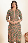 Aramya Green Kantha Cotton Floral Straight Kurta for Women