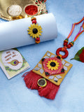 NVR Women & Men Set of 2 Red & Yellow Mirror Work Handcrafted Bhaiya Bhabi Rakhi With Roli Chawal