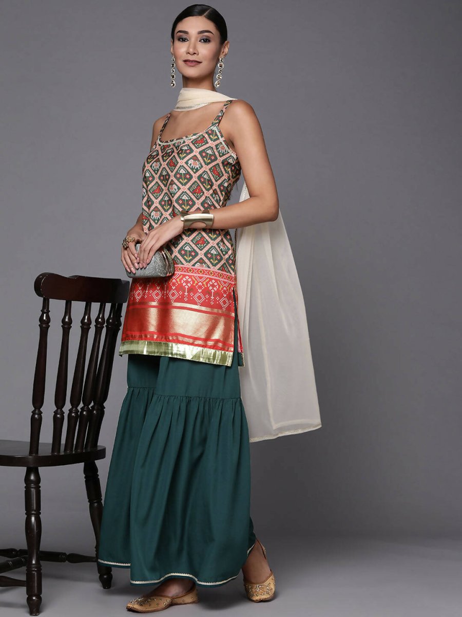 Ahalyaa Women Green & Red Ethnic Motifs Print Kurti with Sharara & Dupatta