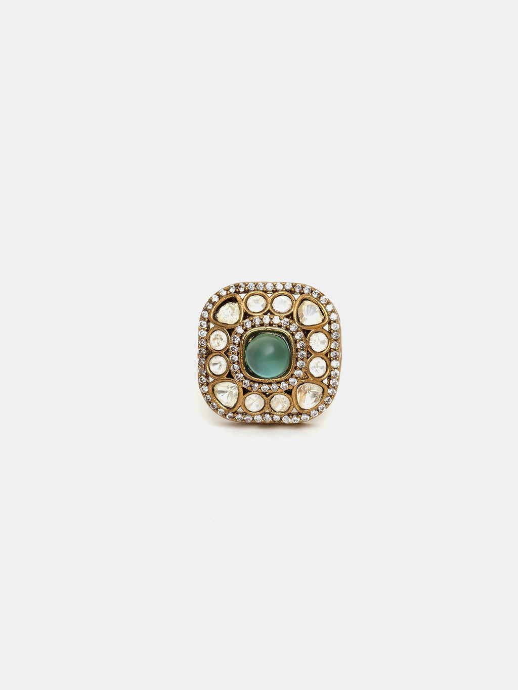 Ruby Raang Gold Polished Green Kundan And Stone Ring