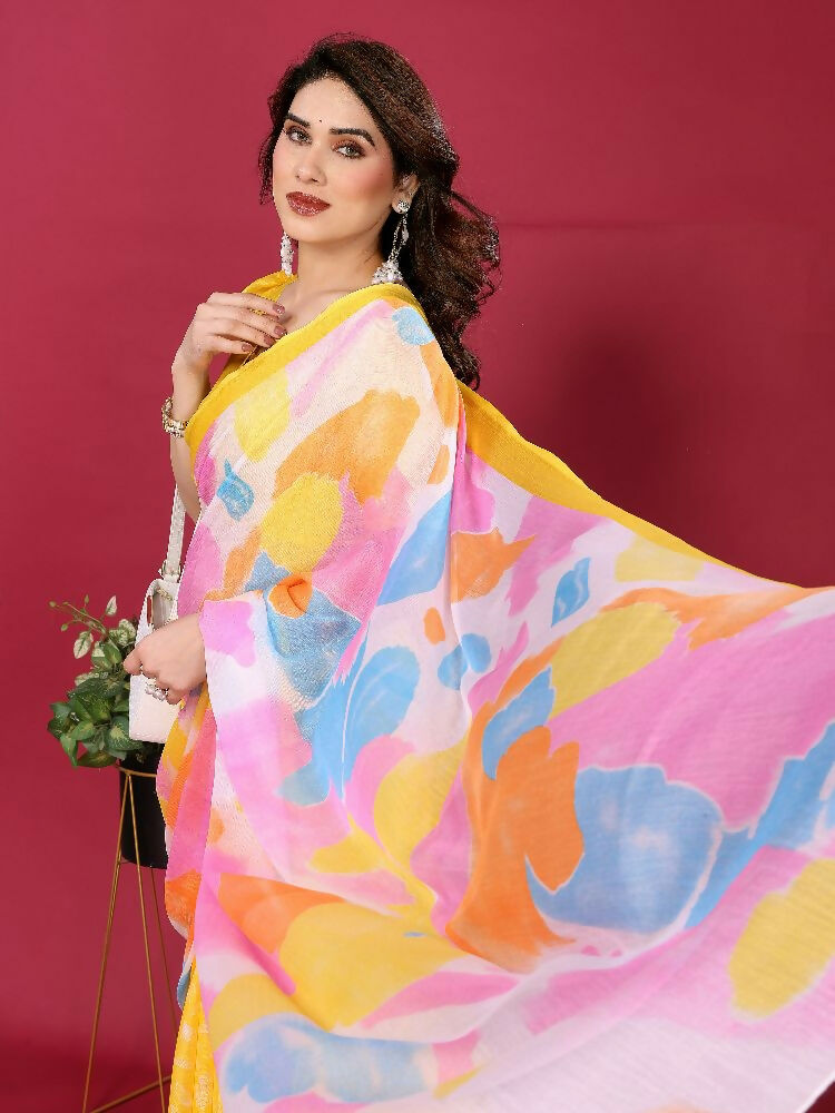 PR Fashion Yellow Moss Chiffon Printed Saree