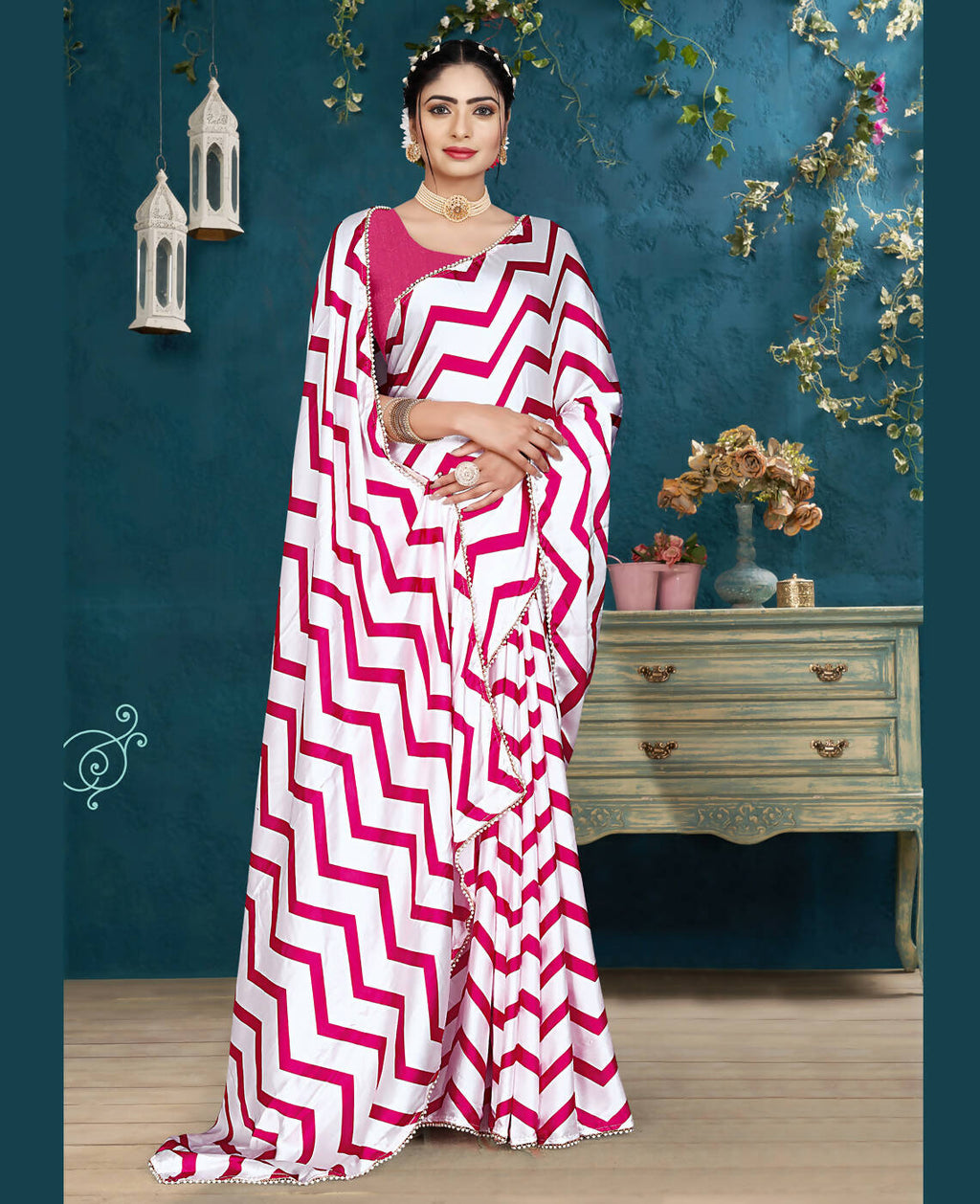 Pink Japan Satin Stripe Printed Saree With Unstitched Blouse Piece - Laavanya