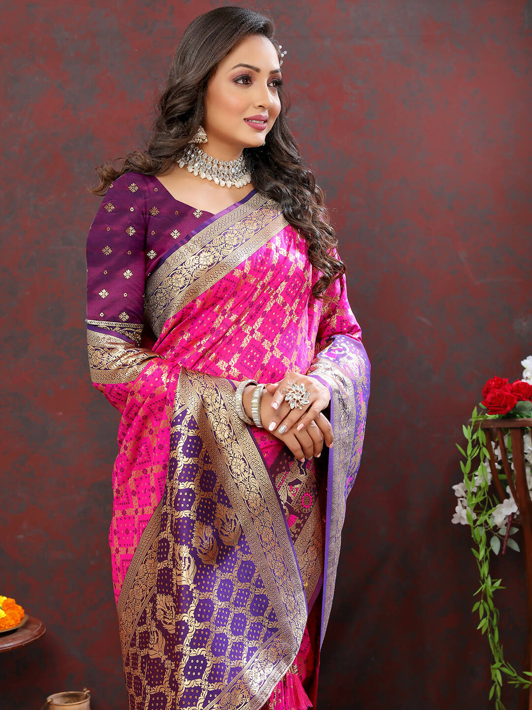 Lorenvalley Fashion Magenta & Wine Patola Silk Woven Design Meenakari Weaving Saree
