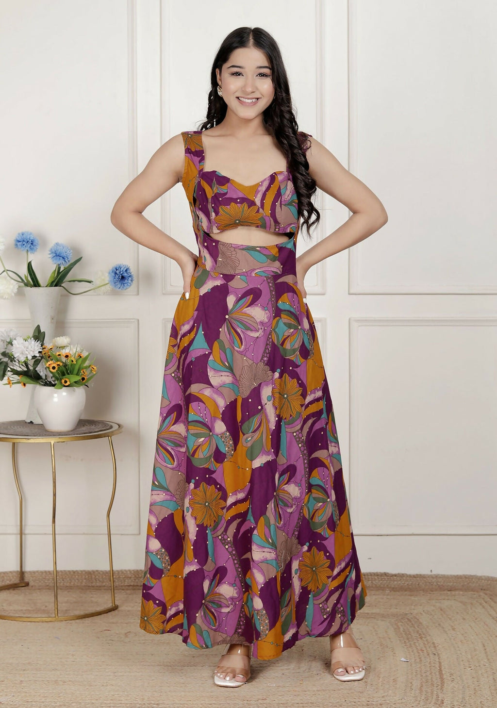 Miravan Womens Purple Pure Cotton Floral Printed Sleeveless Cut Out Western Dress