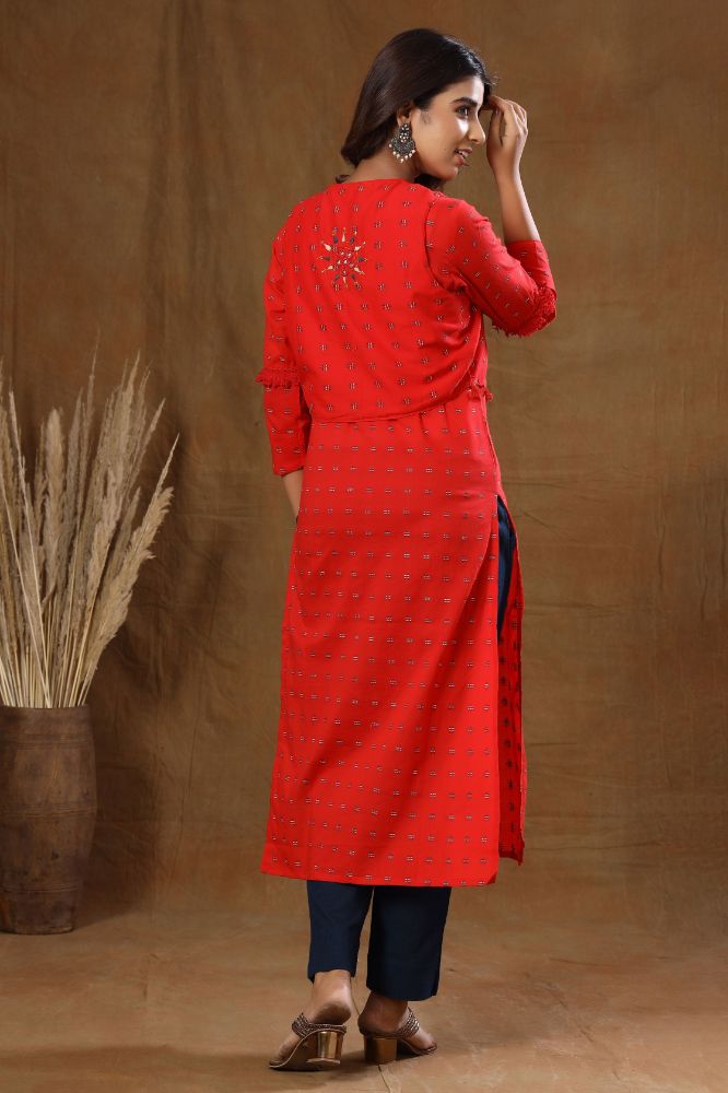 Kaajh Red Printed Jacket Kurta Pant Set For Women