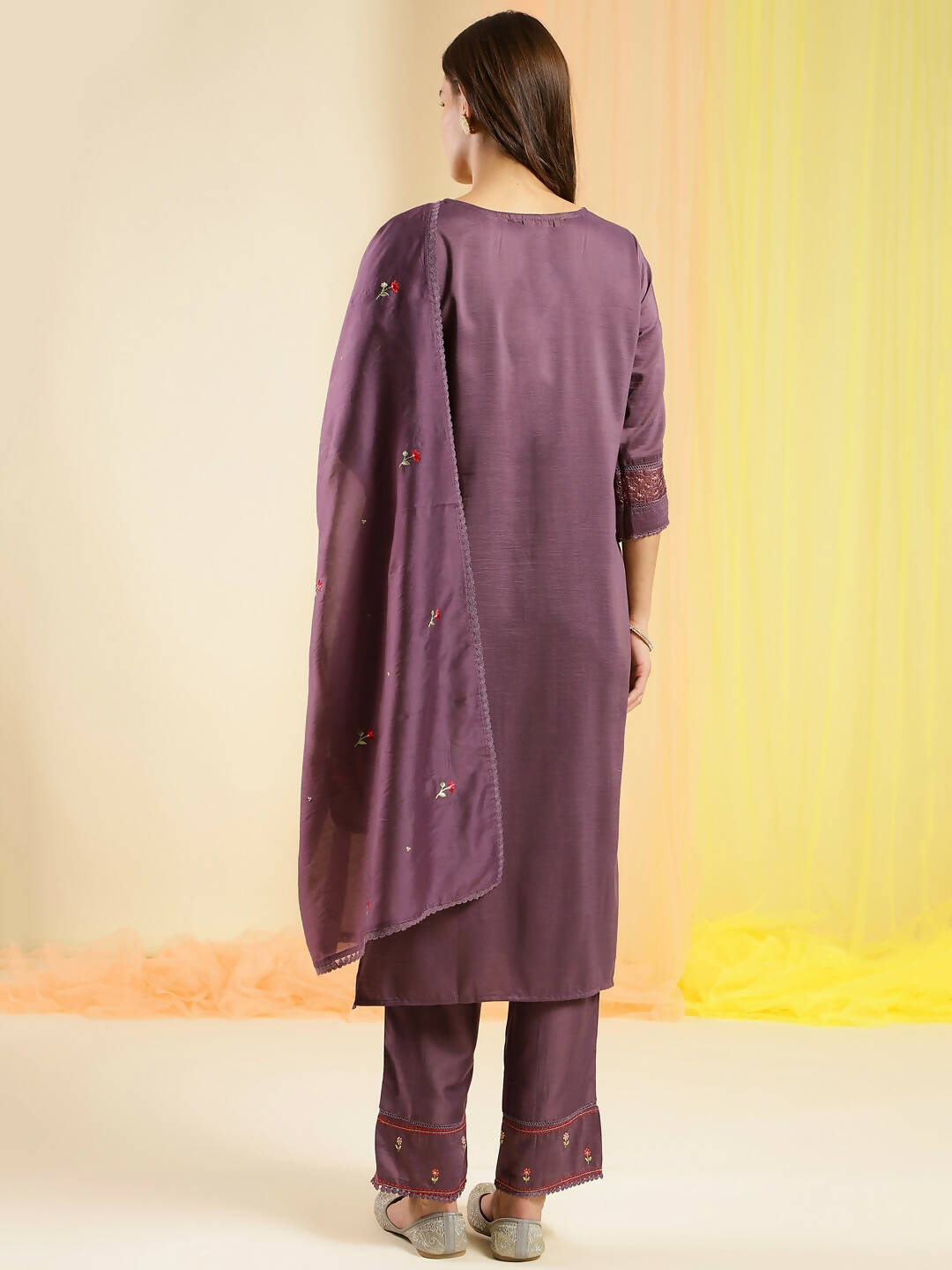Purple Chinon Embroidered Straight Kurta with Trouser & Dupatta - Salimar