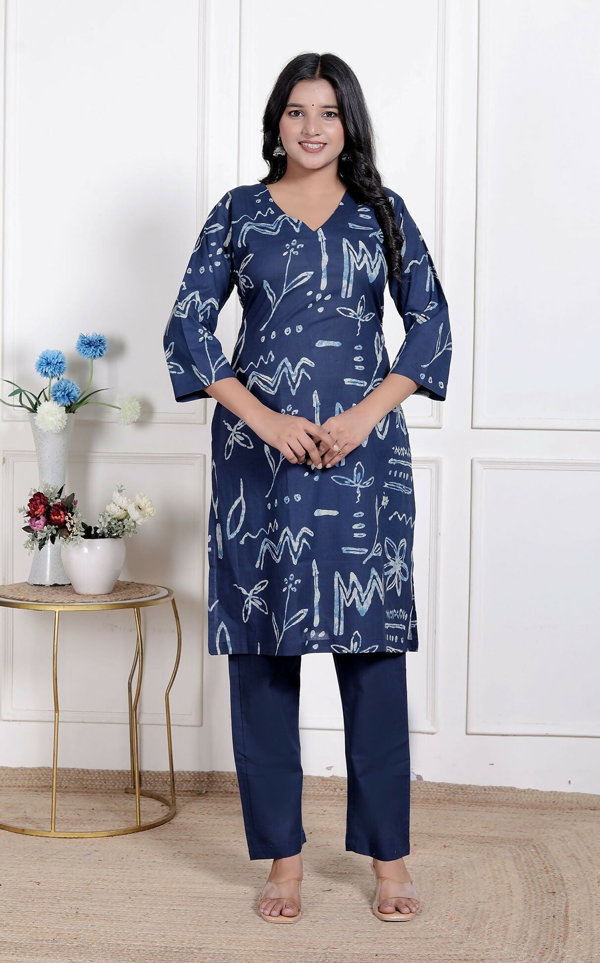 Miravan Womens Abstract Blue Printed Cotton Blue Co-Ord Set