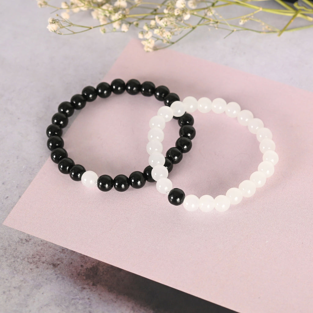 NVR Men & Women White & Black Marbel Crystal Elasticated Bracelet
