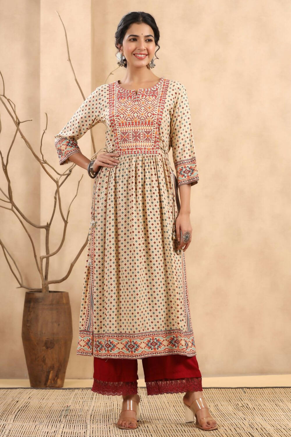 Juniper Women's Beige Rayon Printed Embroidered Straight Kurta