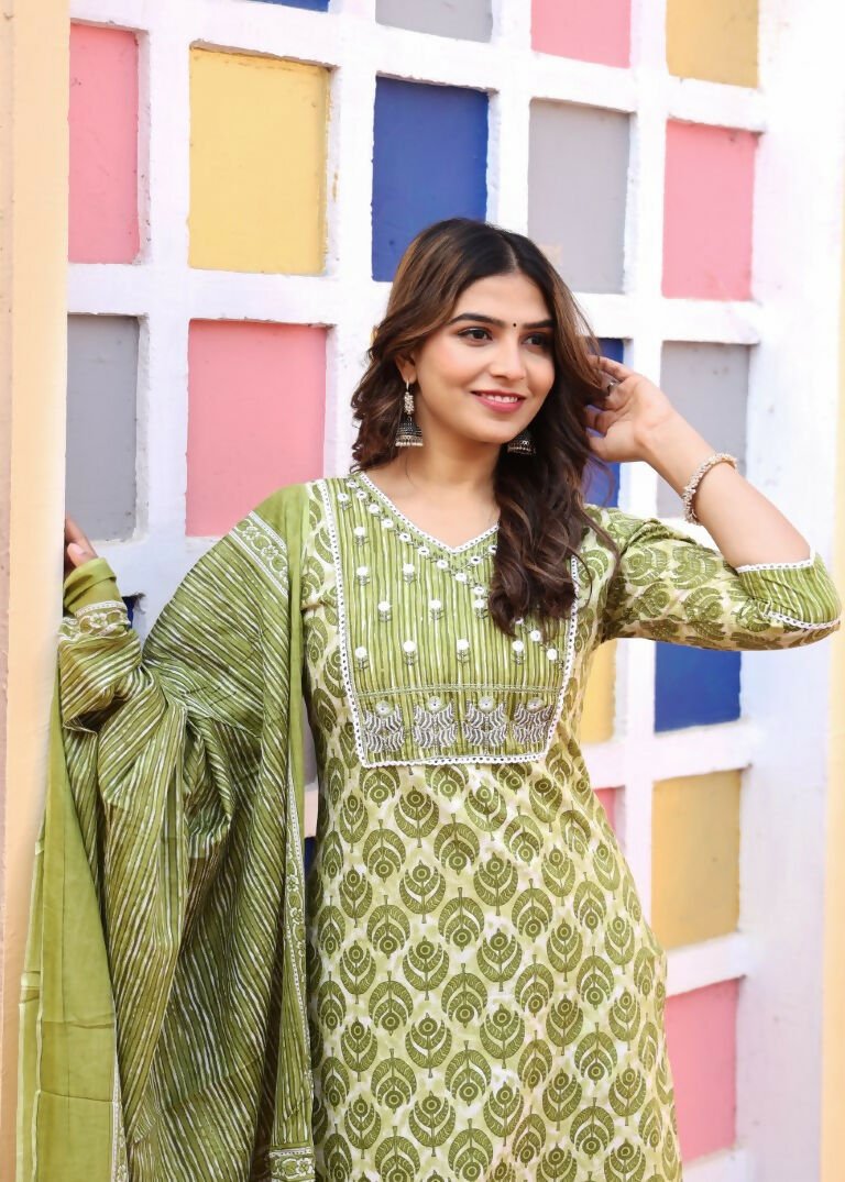 Alvano Printed 3Pcs Straight Kurti with Pant and Dupatta set for women and Girls Rayon (Light Green)
