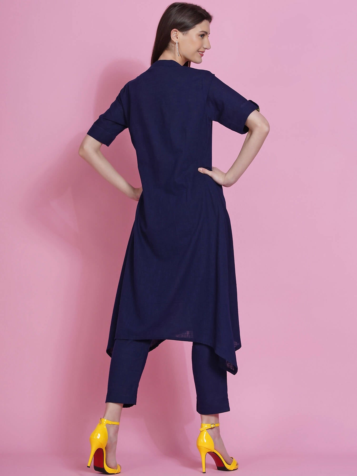 Women Republic Navy Blue Cotton Embroidered Kurta With Pants