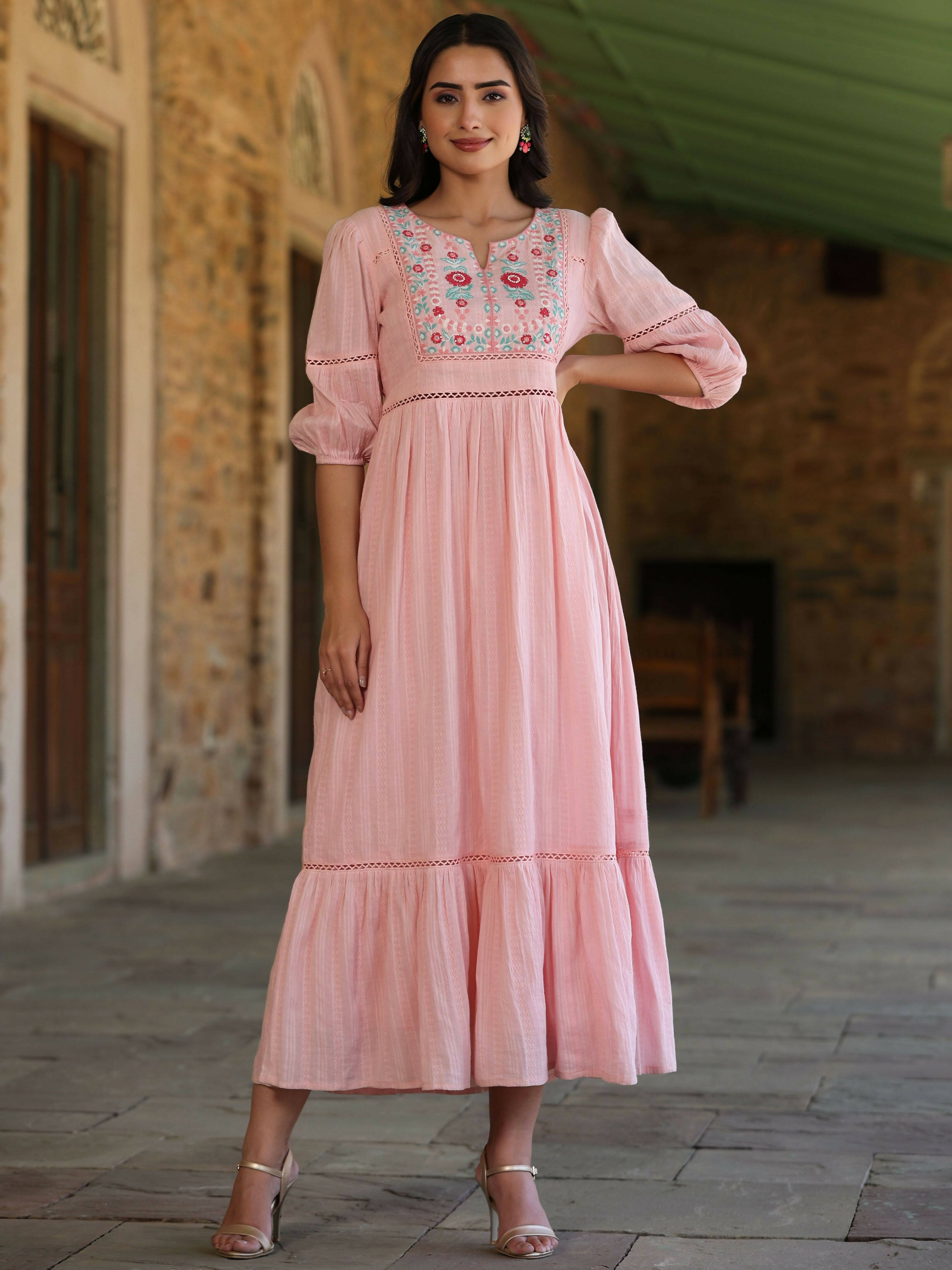 Juniper Women's Pink Cotton Dobby Embroidered Flared Dress
