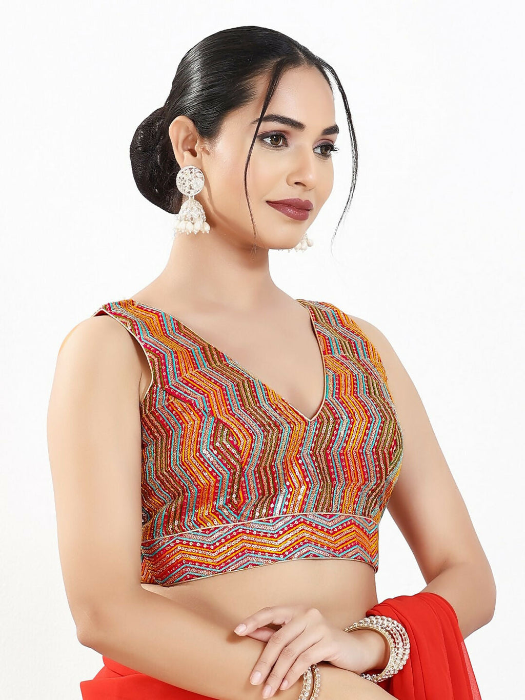 Joban Fashion Red Multi Silk Padded Blouse With V Neck Sleeveless