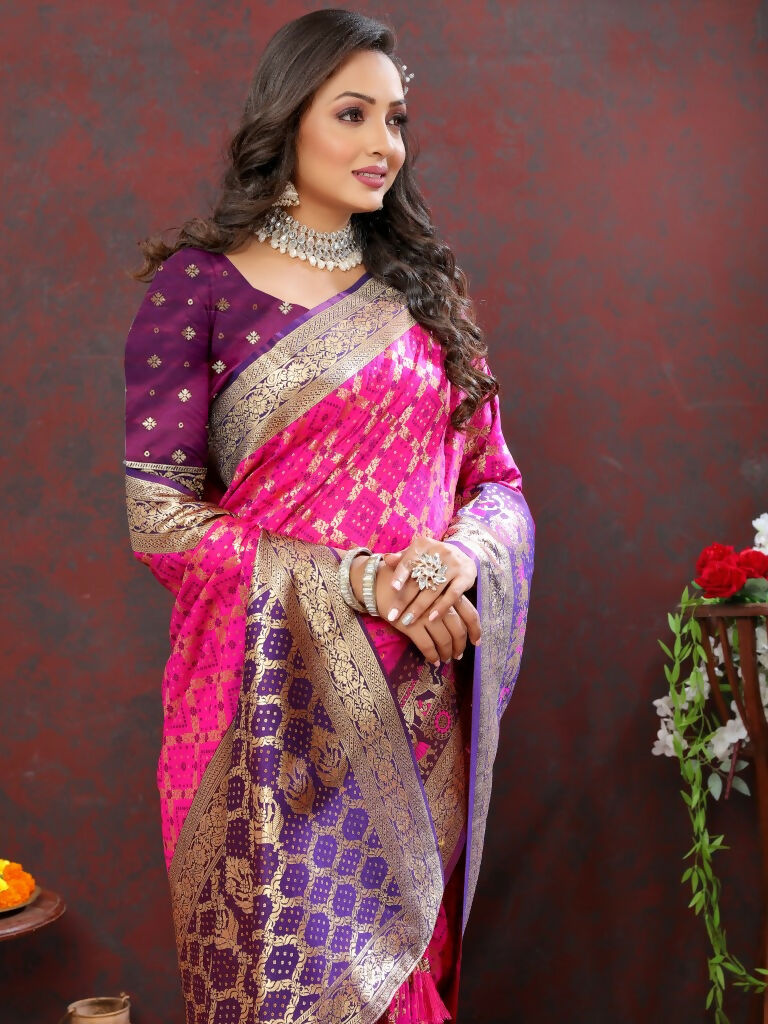 Vastranavya Pink Soft Patola Silk With Meenakari Weaving Motifs And Rich Zari Weaving Pallu Saree With Matching Blouse Fabric