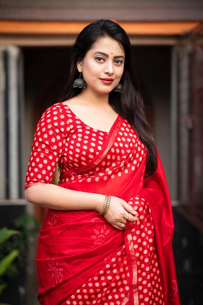Red Pure Chanderi Hand Block Saree with Unstitched Blouse - Hiral Fashion