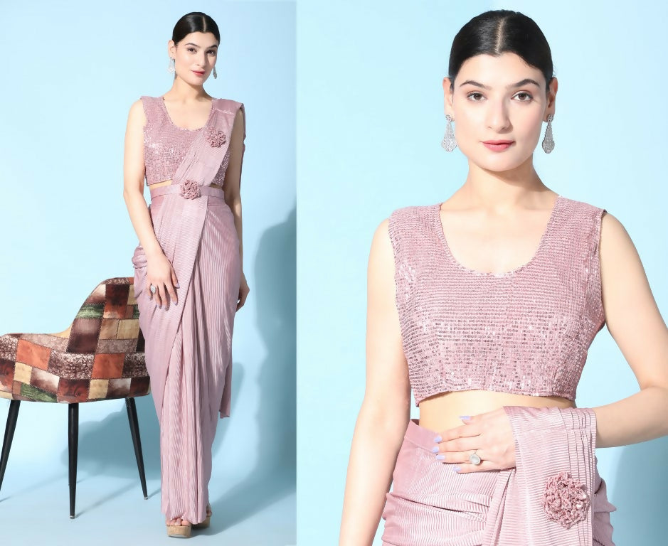 Pink Imported Crush Lycra Texture Pattern Ready to Wear Saree with stitched Blouse - Nirvana