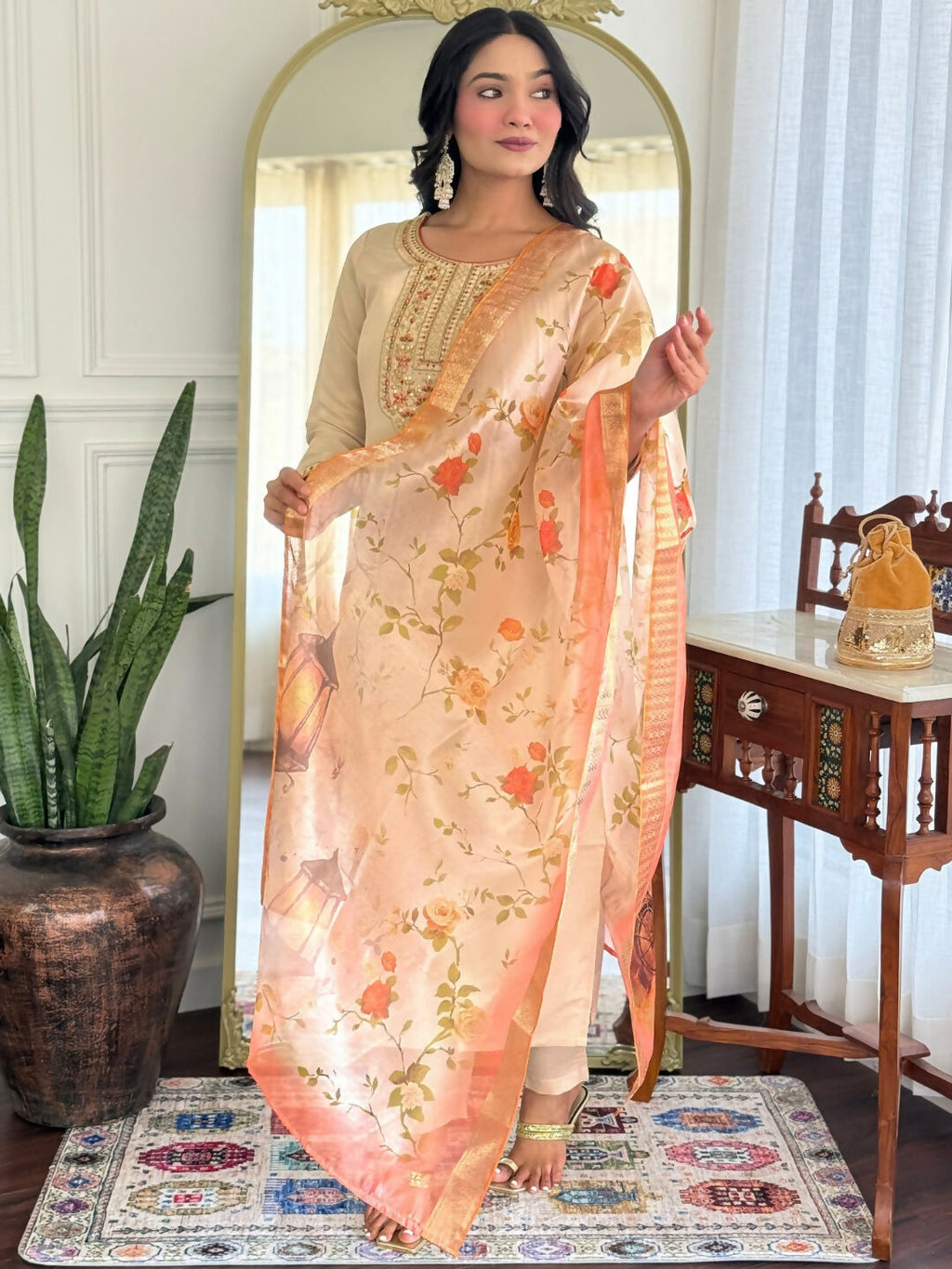 The52 Chiku Women's Beautiful Rayon Fabric Embroidered Work Straight Kurta Pant and Dupatta Set