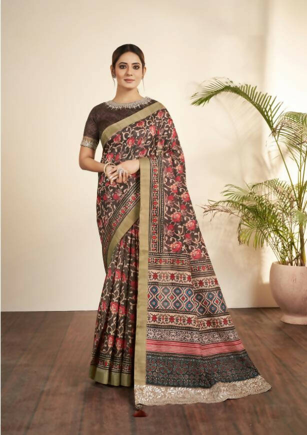 Brown Bhagalpuri Silk Floral Print with Hand work & Stone Work Border Saree - Norita Nirvi