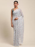 Ahalyaa Women's Grey Chiffon Digital Print Floral Saree