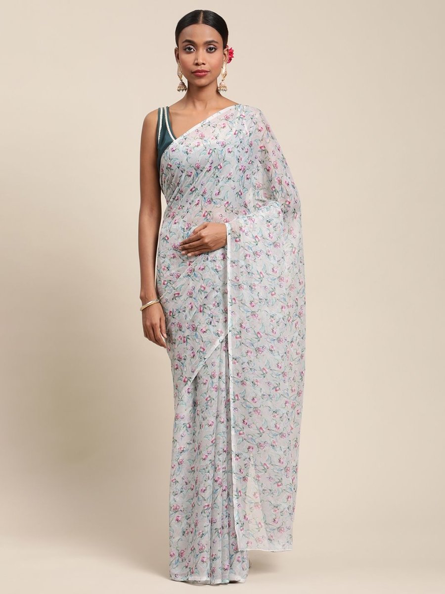 Ahalyaa Women's Grey Chiffon Digital Print Floral Saree