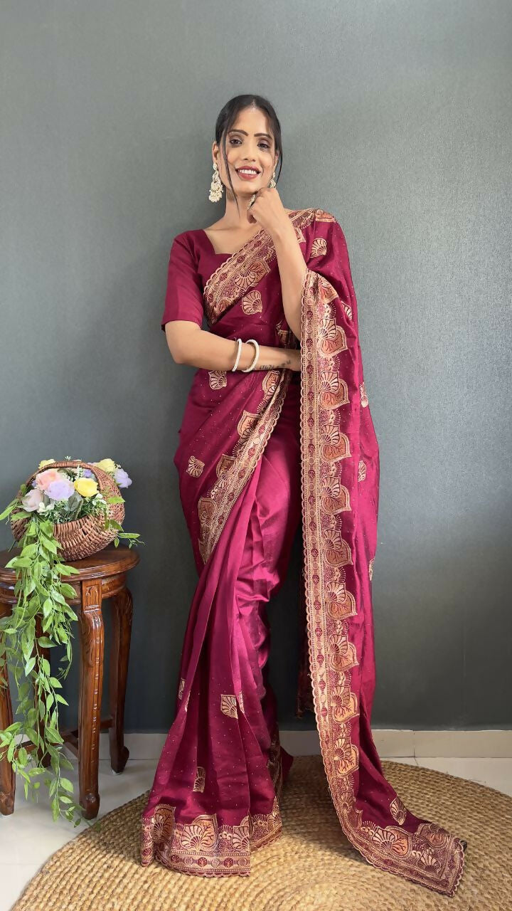 Vastranavya Pink Vichitra Silk Zari with Swarovski Work Ready to Wear Saree