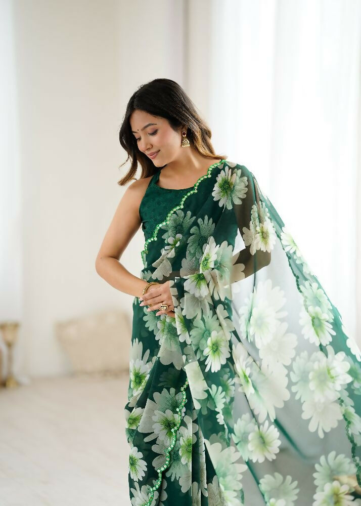 PR Fashion Green Georgette Printed With Mirror Work Saree
