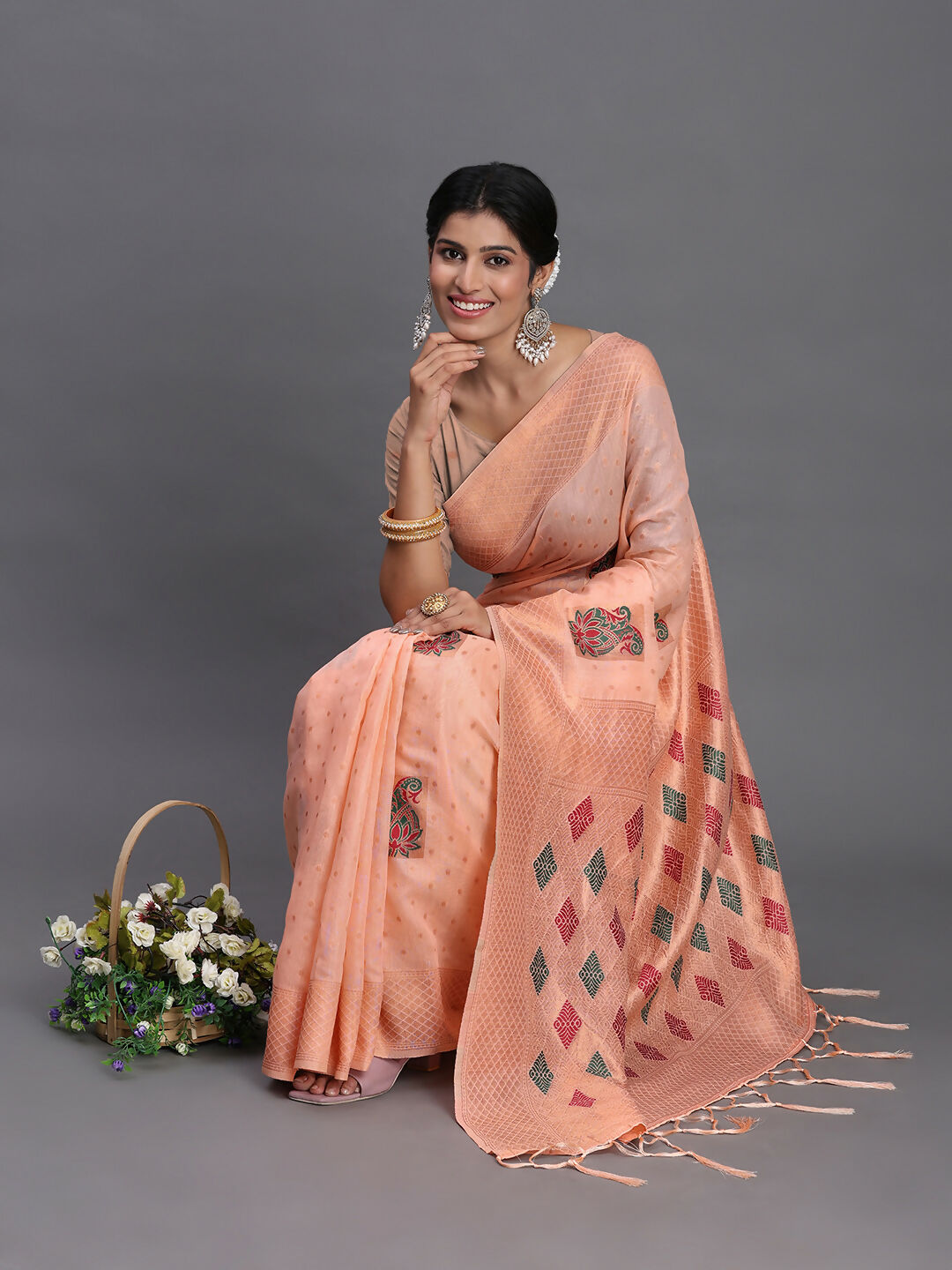 Shree Shyam Fashion Linen Cotton Peach Saree
