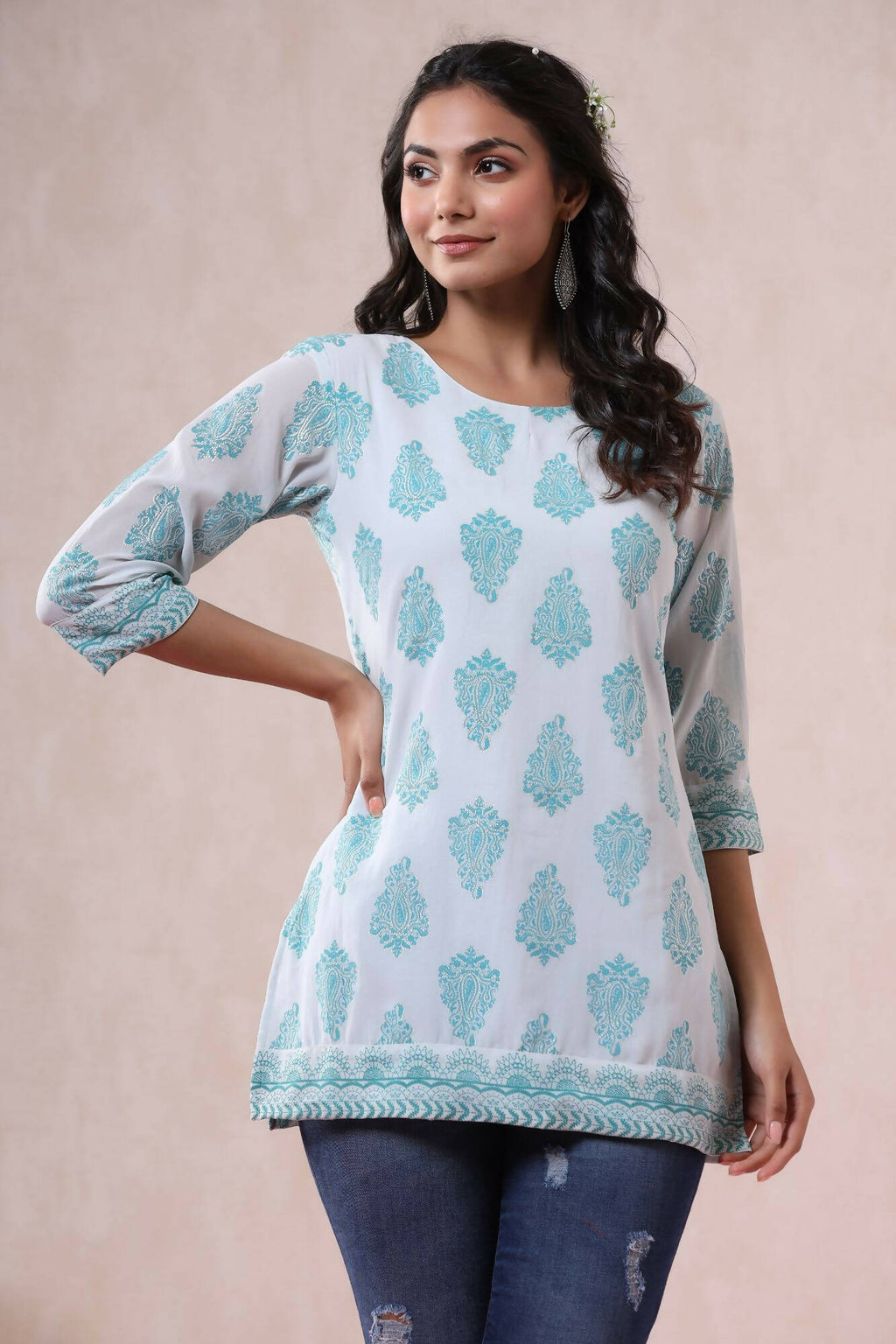 Juniper Women Bluemulti Georgette Printed Straight Tunic