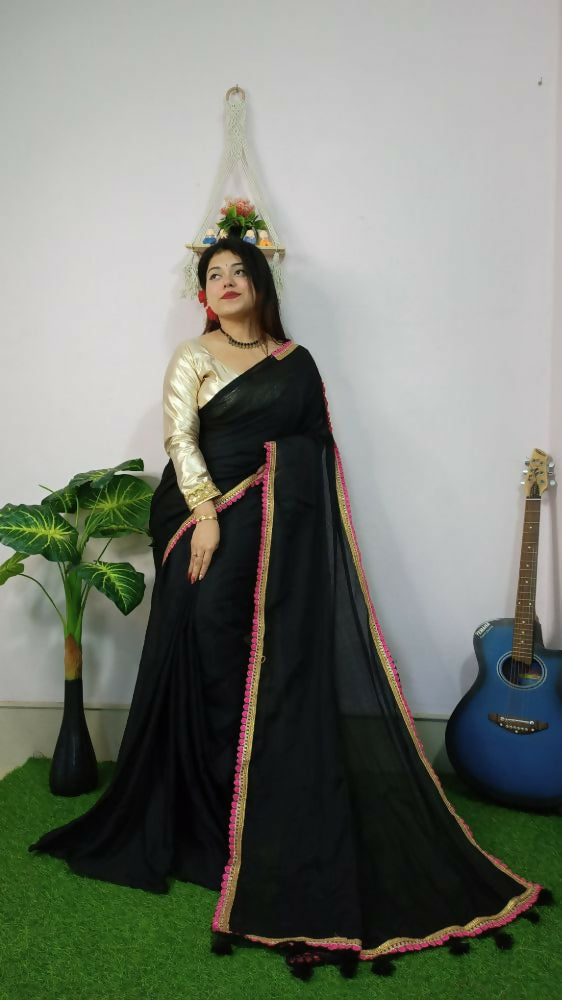 Exclusive Collection Beautiful Khadi Cotton Handloom Saree With Beautiful Zari Border - Black