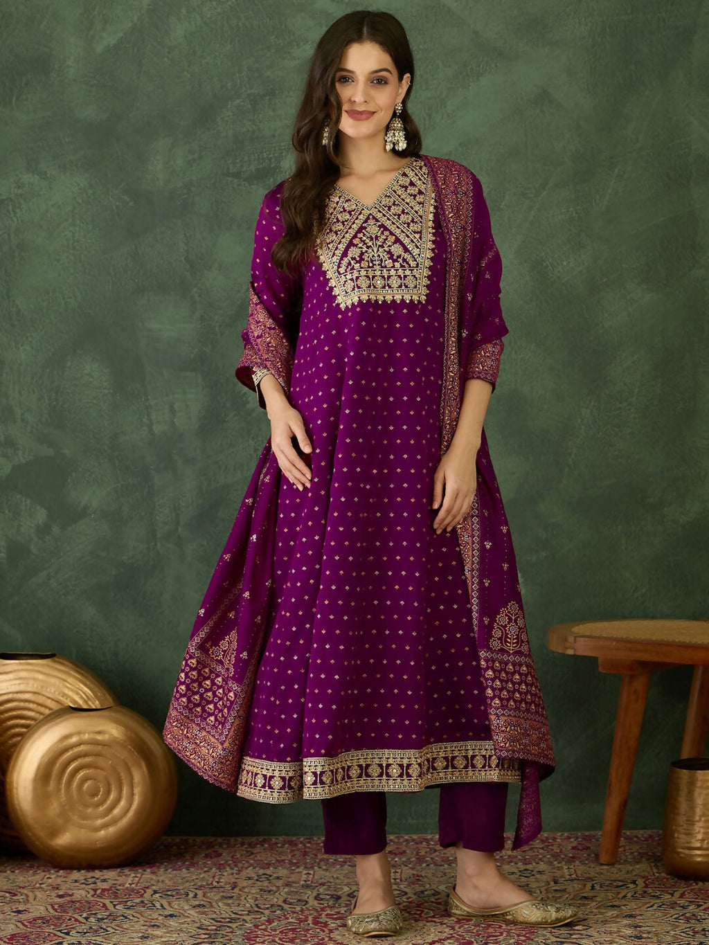 The52 Wine Women's Gorgeous Embroidered Work Vichitra Silk Fabric Flared Kurta Pant and Dupatta Set