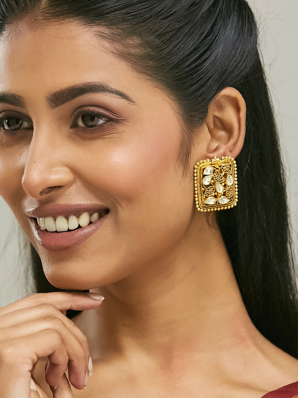 Nuyug 22K Gold-Plated Kundan & Filigree Concept Rectangular Leafy Studs