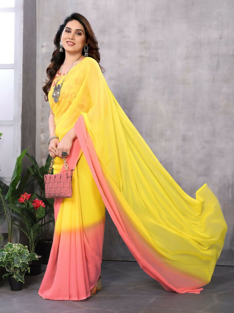 Partywear Designer Yellow & Pink Georgette Fancy Saree - Satrangi