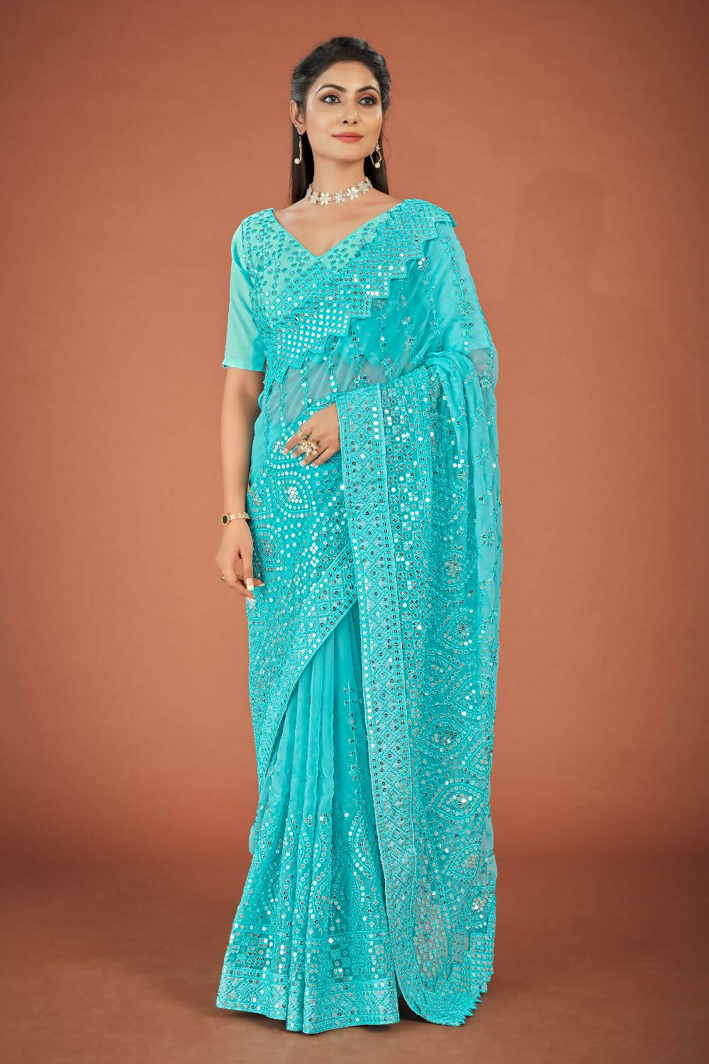 Vamsee Sky Blue Georgette Designer Saree