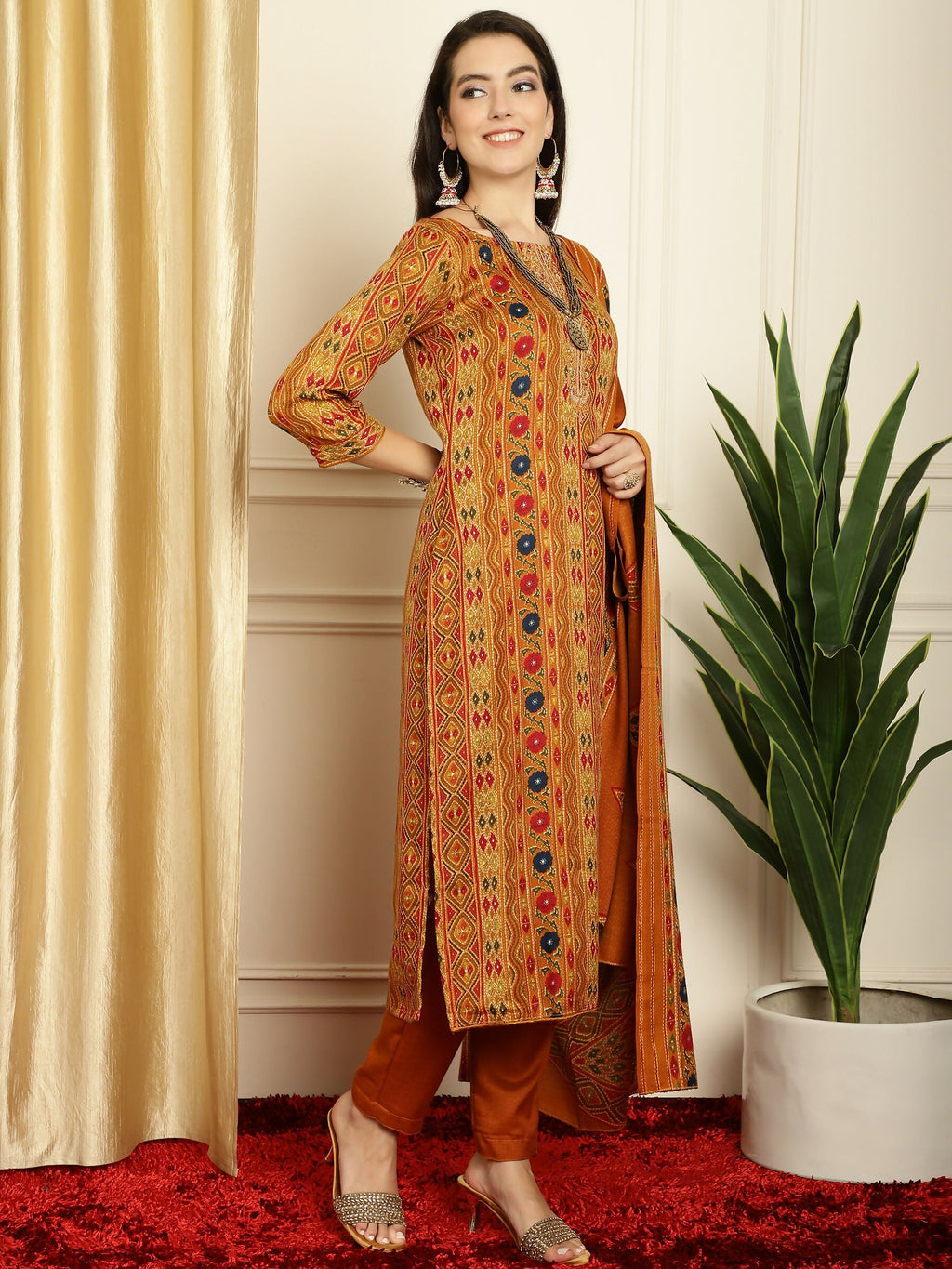 Jyoti Fashion Women's Mustard Pashmina Floral Digital Printed Kurta with Trouser & Dupatta